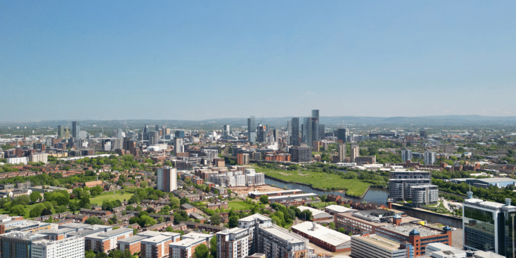 A wide angle view of Greater Manchester.