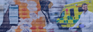 An abstract image with binary code superimposed over an ambulance in the background.