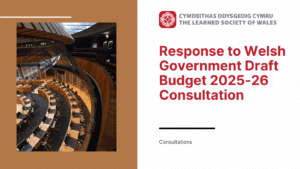 Graphic of the front cover to the LSW response to Welsh Govt draft budget 2025-26 consultation, with a photo of the inside of the Senedd building in Cardiff.