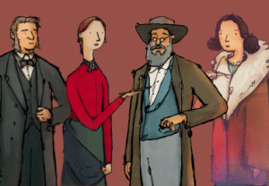 Cartoon drawings of the four people after whom the Established Career Medals are named.