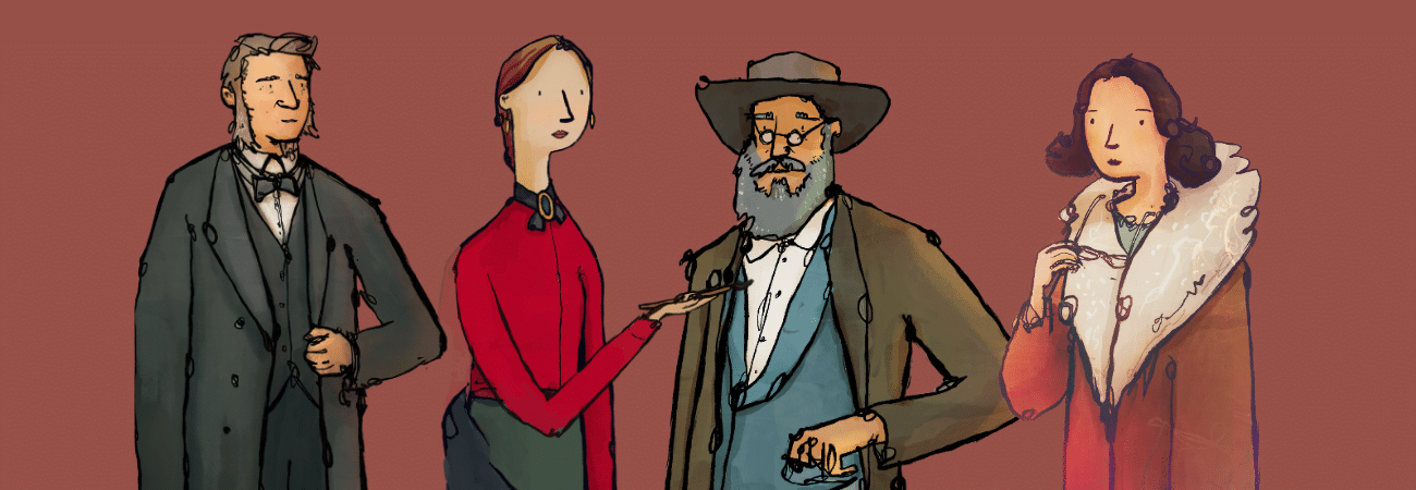 Cartoon drawings of the four people who inspired our Established Career Medals.