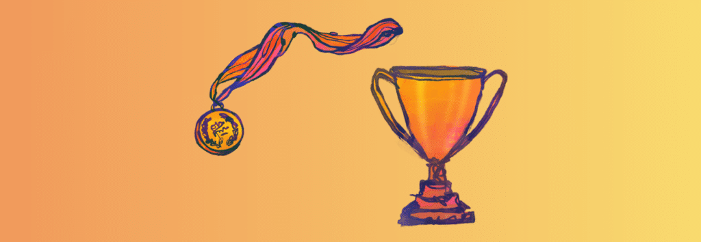 An illustration of a medal and a trophy.